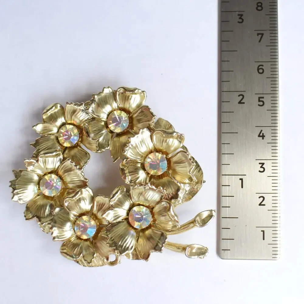 Vintage Aurora Borealis (AB) Rhinestone Floral Wreath Brooch Pin Gold Tone MCM